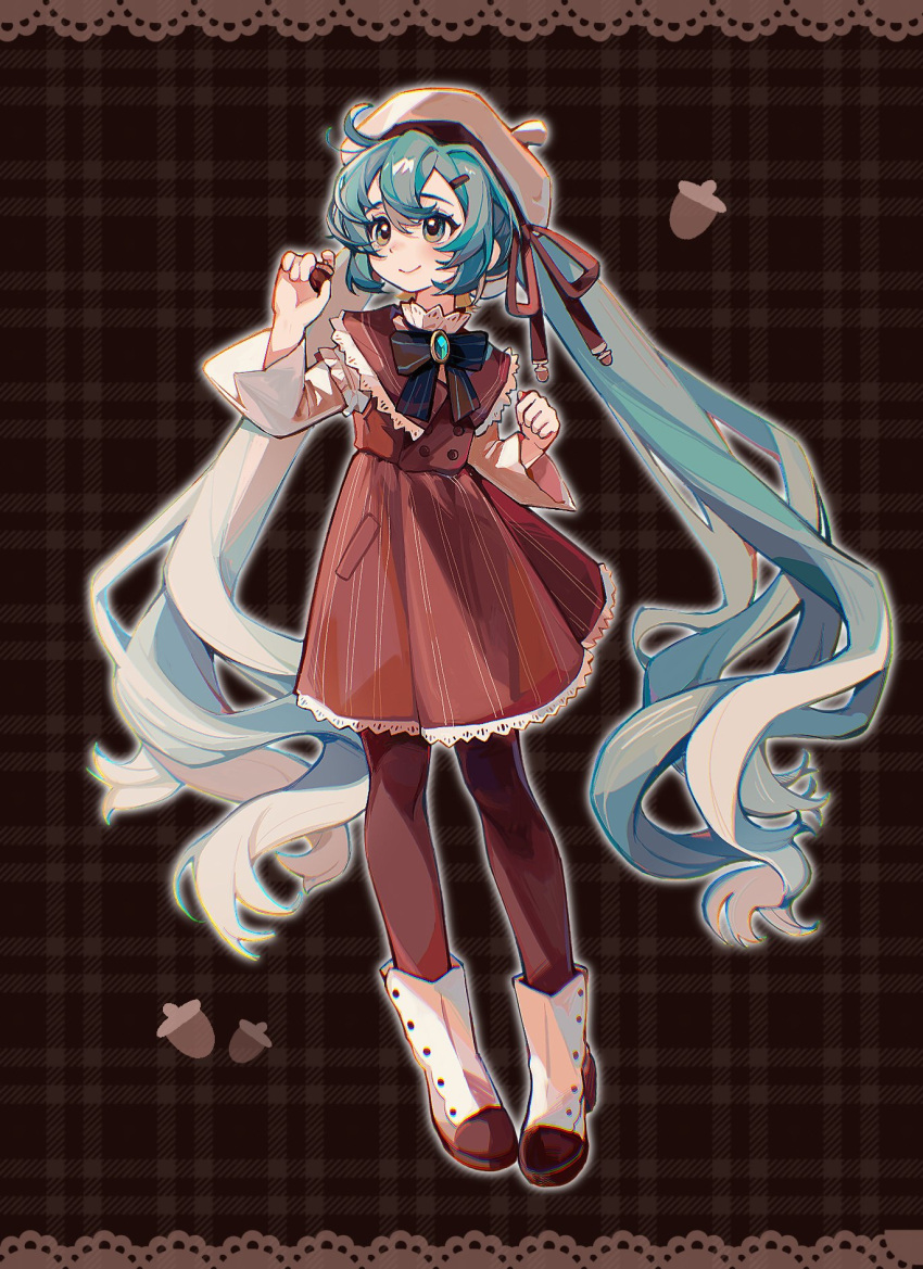 1girl aqua_eyes aqua_hair beret black_bow blue_eyes blue_hair blush boots bow brooch brown_background brown_sailor_collar brown_skirt buttons closed_mouth collar double-breasted frilled_collar frilled_skirt frills full_body hair_ornament hairclip hat hatsune_miku highres holding_acorn jewelry lace_trim long_hair long_sleeves looking_to_the_side pantyhose plaid plaid_background sailor_collar shirt skirt smile solo striped_clothes striped_skirt suuroku twintails very_long_hair vocaloid white_headwear white_shirt wide_sleeves