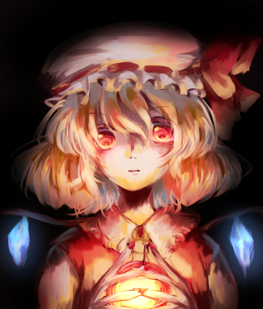 1girl amanoru_mozuku black_background blonde_hair bow collared_shirt crystal dark_background flandre_scarlet frilled_shirt_collar frills glowing glowing_wings hair_between_eyes hat hat_bow hat_ribbon highres looking_at_viewer medium_hair mob_cap nail_polish open_mouth red_bow red_eyes red_nails red_ribbon red_vest ribbon ribbon-trimmed_headwear ribbon_trim shirt solo steepled_fingers touhou upper_body vest white_headwear white_shirt wings