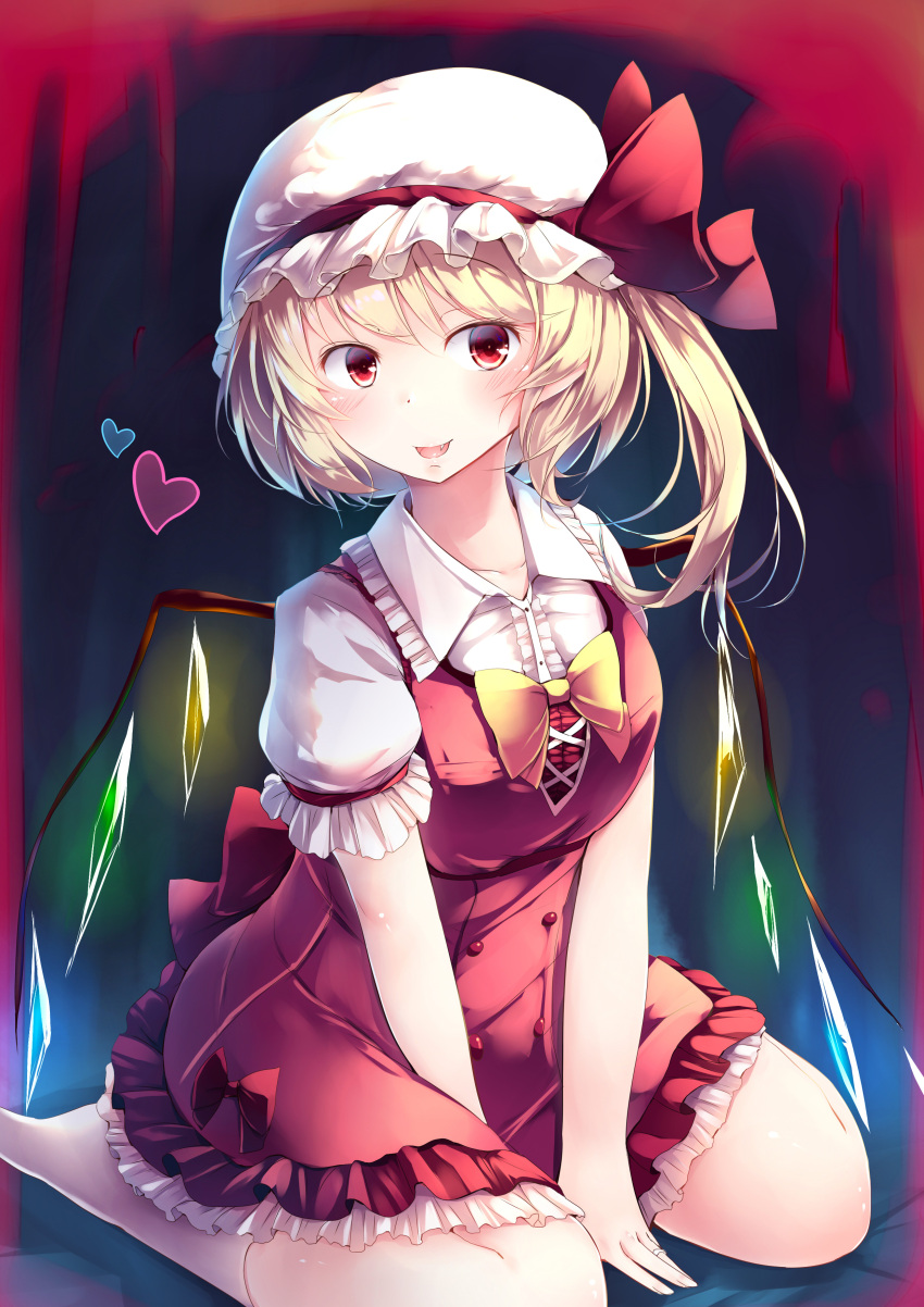 1girl absurdres adapted_costume blonde_hair bow bowtie breasts buttons center_frills collared_shirt dress fang flandre_scarlet frilled_dress frilled_shirt_collar frilled_sleeves frills full_body glowing glowing_wings hat hat_bow hat_ribbon heart highres kanzakietc looking_at_viewer medium_hair mob_cap multicolored_wings one_side_up open_mouth puffy_short_sleeves puffy_sleeves red_bow red_dress red_eyes red_ribbon ribbon shirt short_sleeves sitting sleeve_ribbon small_breasts socks solo touhou wariza white_headwear white_shirt white_socks wings yellow_bow yellow_bowtie