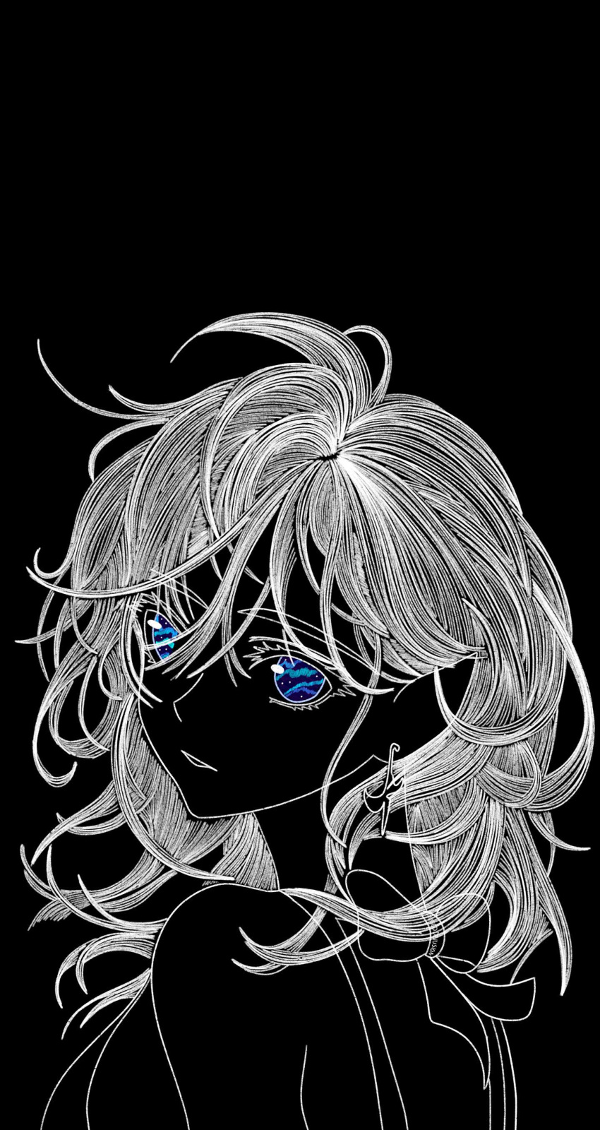 1girl absurdres bow breasts character_request copyright_request earrings hair_between_eyes highres jewelry looking_at_viewer looking_back medium_breasts medium_hair monochrome painted_delusion parted_lips solo spot_color violet_eyes