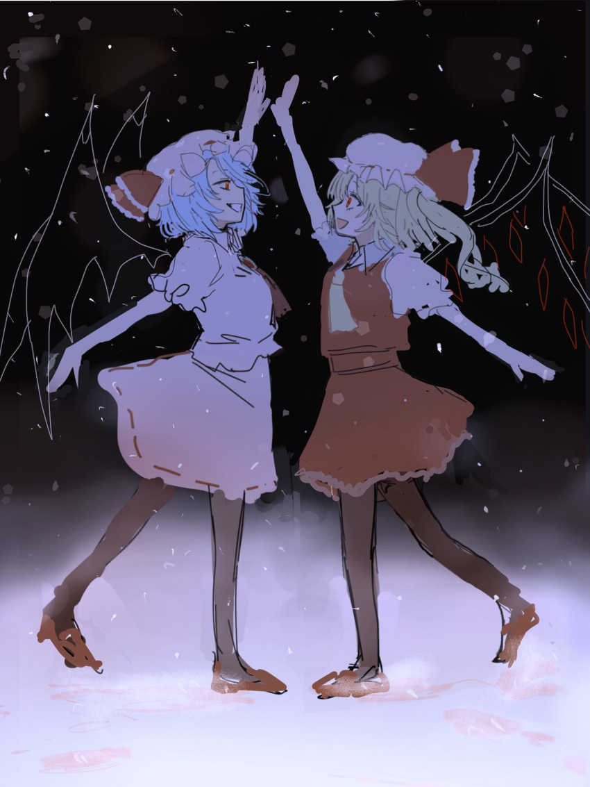 2girls :d ascot bat_wings black_pantyhose blonde_hair blue_hair blush bow crystal dancing dress embodiment_of_scarlet_devil flandre_scarlet hat hat_ribbon highres looking_at_another mob_cap multicolored_wings multiple_girls one_side_up open_mouth pantyhose pink_dress pink_headwear puffy_short_sleeves puffy_sleeves red_ascot red_dress red_eyes red_skirt red_vest remilia_scarlet ribbon shamo_tarou shirt short_hair short_sleeves siblings side_ponytail skirt skirt_set smile snow snowing touhou vest wings yellow_ascot