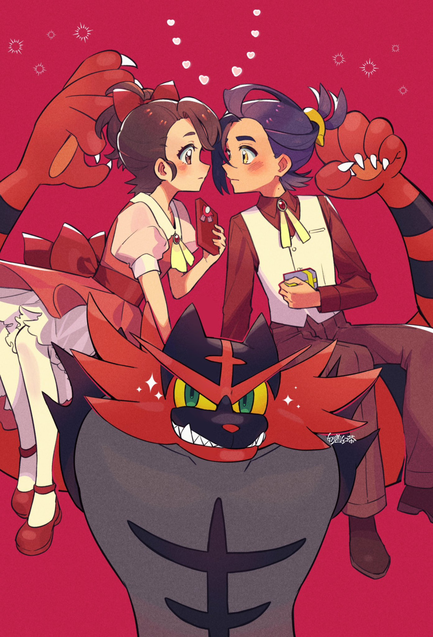 1boy 1girl alternate_costume blush brown_footwear brown_hair closed_mouth collared_shirt commentary_request dress eye_contact hand_up heart hetero highres holding incineroar juliana_(pokemon) kieran_(pokemon) looking_at_another nai_gai_hongcha pants pantyhose pink_shirt pokemon pokemon_(creature) pokemon_sv red_footwear red_shirt shirt shoes short_sleeves vest white_pantyhose white_vest yellow_eyes