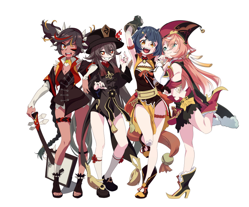 4girls absurdres antlers arm_up armband bandaid bandaid_on_knee bandaid_on_leg black_hair black_nails blue_hair boots brown_hair china_dress chinese_clothes closed_mouth coat coattails colored_tips crop_top dark-skinned_female dark_skin detached_sleeves dress eyes_visible_through_hair fingerless_gloves fingernails flower-shaped_pupils foot_up full_body genshin_impact gloves gradient_hair green_eyes grin guitar hair_between_eyes hairband hand_on_another's_shoulder hat high_heel_boots high_heels highres horns hu_tao_(genshin_impact) instrument jacket kogooma leaning_on_person long_hair long_sleeves looking_at_viewer midriff multicolored_hair multiple_girls nail_polish one_eye_closed open_mouth orange_eyes orange_hair pink_hair porkpie_hat red_eyes red_headwear redhead scales scarf shoes shorts shoulder_spikes side-by-side smile socks spiked_hairband spikes standing standing_on_one_leg streaked_hair symbol-shaped_pupils tailcoat thigh_strap toeless_footwear toes two_side_up very_long_hair white_hair xiangling_(genshin_impact) xinyan_(genshin_impact) yanfei_(genshin_impact) yellow_eyes yellow_pupils