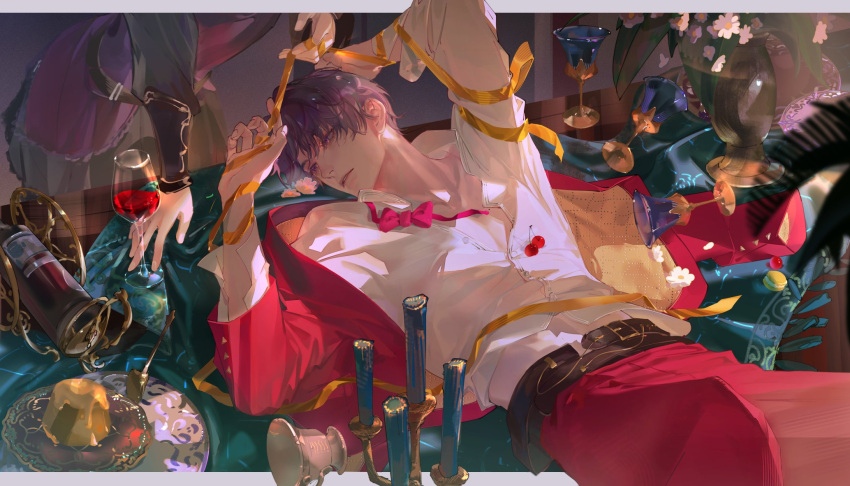 1boy 1other belt bishounen border bow bowtie candle candlestand cherry cup drinking_glass flower food formal fruit head_tilt highres indoors jacket lanfsir_(artist) leaf long_sleeves love_and_deepspace lying macaron male_focus on_back on_table open_clothes pants party plate purple_hair rafayel_(love_and_deepspace) red_jacket red_pants ribbon shirt short_hair solo_focus suit table vase white_border white_shirt wine_glass