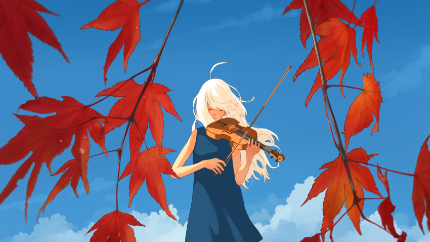 1girl ahoge autumn_leaves bare_arms bare_shoulders blue_dress blue_sky bow_(music) closed_eyes closed_mouth clouds cowboy_shot day dress facing_viewer highres holding holding_bow_(music) holding_instrument holding_violin instrument leaf long_hair maple_leaf music original outdoors playing_instrument sky sleeveless sleeveless_dress solo standing taizo_(taizo_03) violin white_hair