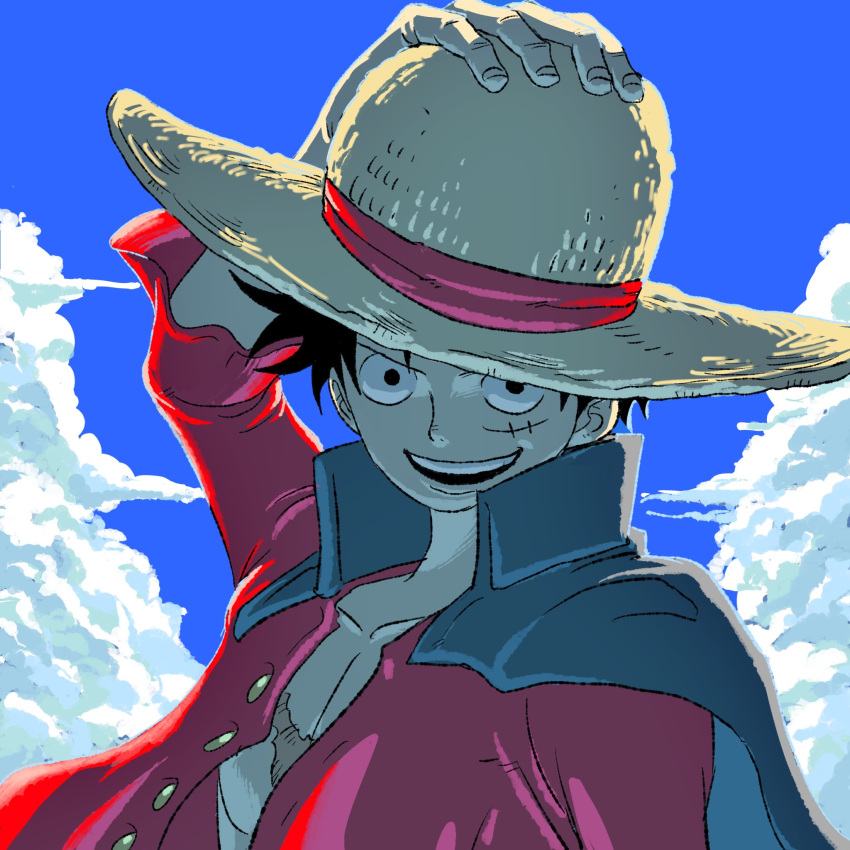 black_cape buttons cape close-up clouds collared_cape commentary_request hand_on_headwear hat highres looking_at_viewer monkey_d._luffy one_piece open_clothes open_shirt red_shirt scar scar_on_chest scar_on_face shirt short_hair sky smile straw_hat tacchan56110