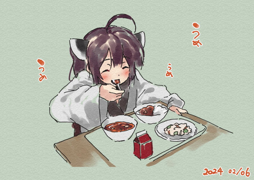 1girl ^_^ ahoge blush bowl brown_hair closed_eyes curry curry_rice dated eating facing_viewer food food_request green_background headgear holding holding_spoon japanese_clothes kimono lamb_(hitsujiniku) long_sleeves plate rice simple_background solo spoon table touhoku_kiritan twintails voiceroid white_kimono wide_sleeves