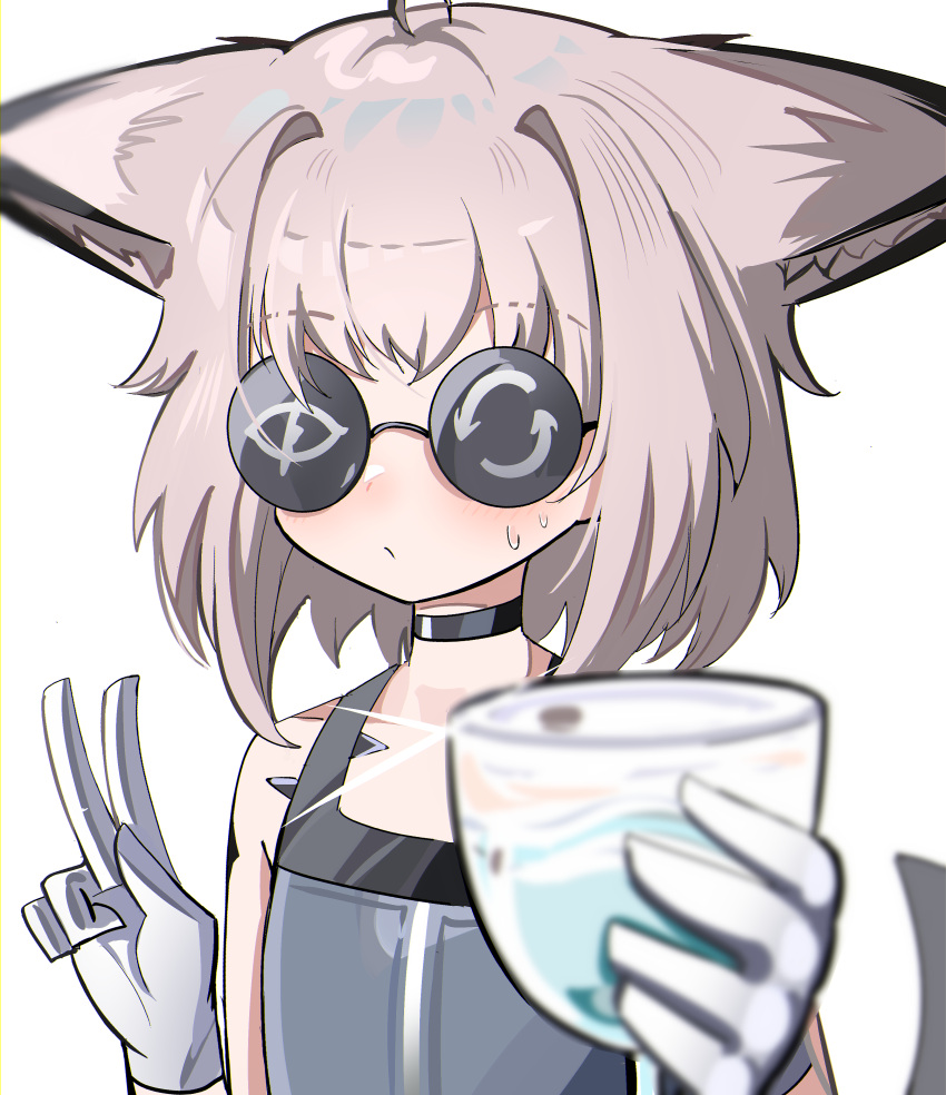 1girl absurdres ahoge animal_ear_fluff animal_ears arknights arrow_(symbol) bare_shoulders blurry blurry_foreground blush brown_hair closed_mouth cup depth_of_field dress drinking_glass facing_viewer fox_ears fox_girl fox_tail gloves grey_dress hair_intakes highres holding holding_cup round_eyewear simple_background solo spam_(spamham4506) sunglasses sussurro_(arknights) sweat tail upper_body v white_background white_gloves wine_glass