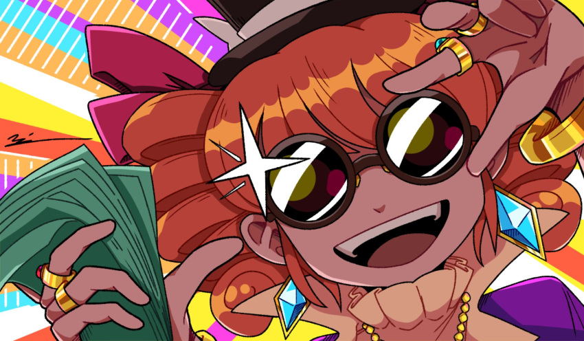 1girl :d bangle banknote bow bracelet coat commentary_request dollar_bill drill_hair eyewear_on_head hat hat_bow highres jewelry mini_hat mini_top_hat money open_mouth orange_hair pendant purple_coat ring round_eyewear smile solo sunglasses teeth theyoiy top_hat touhou twin_drills upper_teeth_only yorigami_jo'on