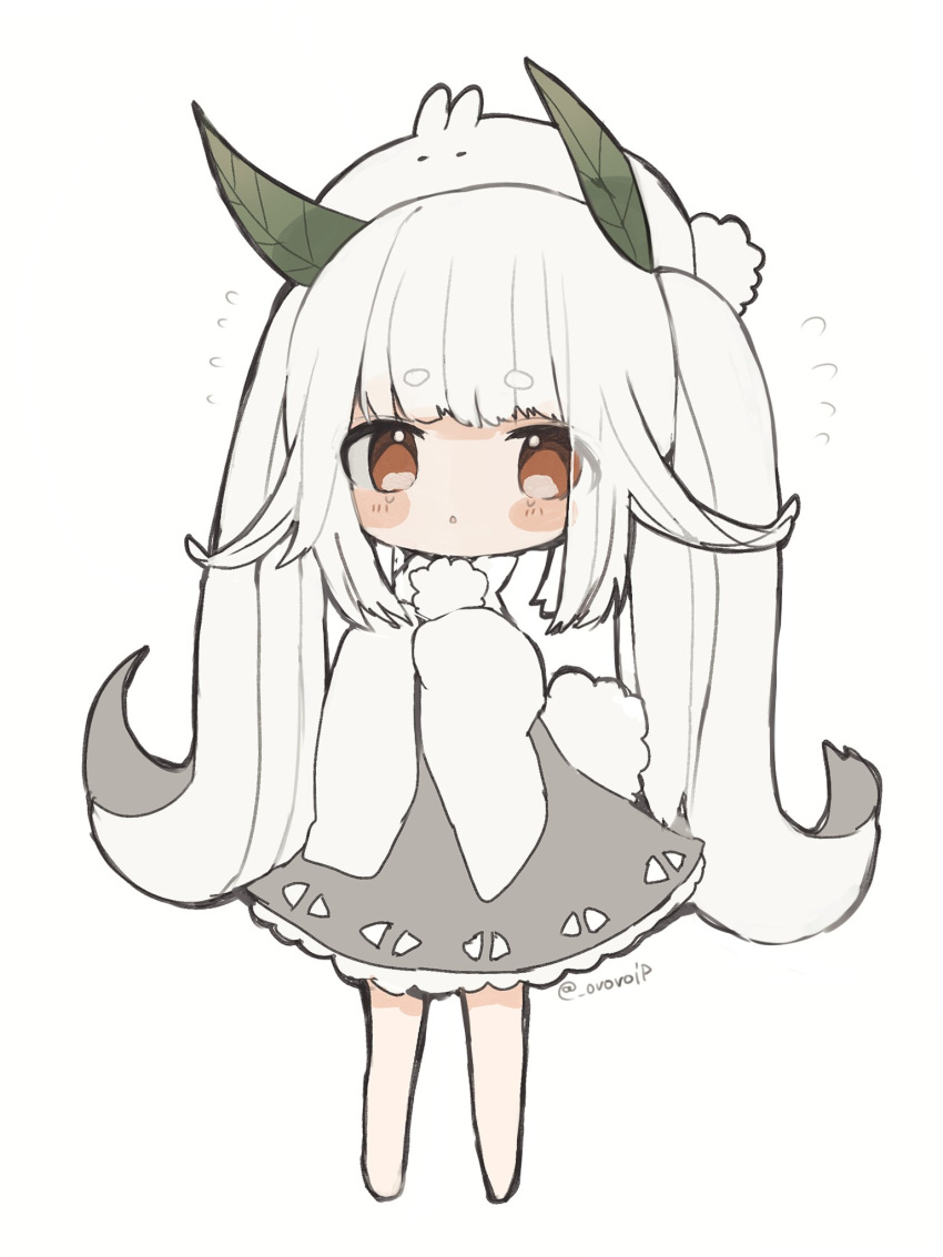 1girl :o animal animal_on_head artist_name blush_stickers chibi dress flying_sweatdrops full_body grey_dress highres long_sleeves on_head open_mouth original ovoip plant_hair rabbit rabbit_on_head rabbit_tail red_eyes simple_background standing tail triangle_mouth twintails twitter_username white_background white_sleeves wide_sleeves