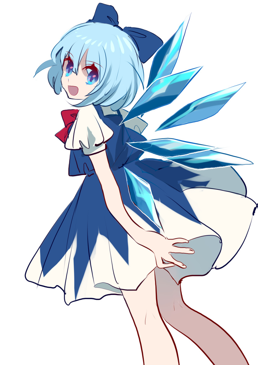 1girl absurdres bad_arm blue_bow blue_dress blue_eyes blue_hair bow bowtie cirno detached_wings dress from_side hair_between_eyes hair_bow happy head_tilt highres ice ice_wings looking_at_viewer looking_to_the_side medium_hair open_mouth pinafore_dress puffy_short_sleeves puffy_sleeves red_bow red_bowtie shirt shocho_(shaojiujiu) short_sleeves simple_background sleeveless sleeveless_dress smile solo touhou white_background white_shirt wings