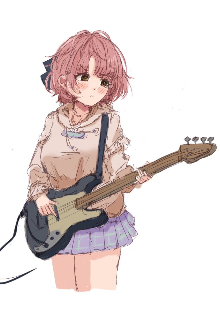 absurdres bass_guitar black_bow black_eyes blue_skirt blush bow brown_hair closed_mouth cowboy_shot cropped_legs go_travelalone hair_bow highres holding holding_instrument hood hoodie idolmaster idolmaster_shiny_colors ikuta_haruki instrument pleated_skirt short_hair simple_background sketch skirt sweat white_background yellow_hoodie