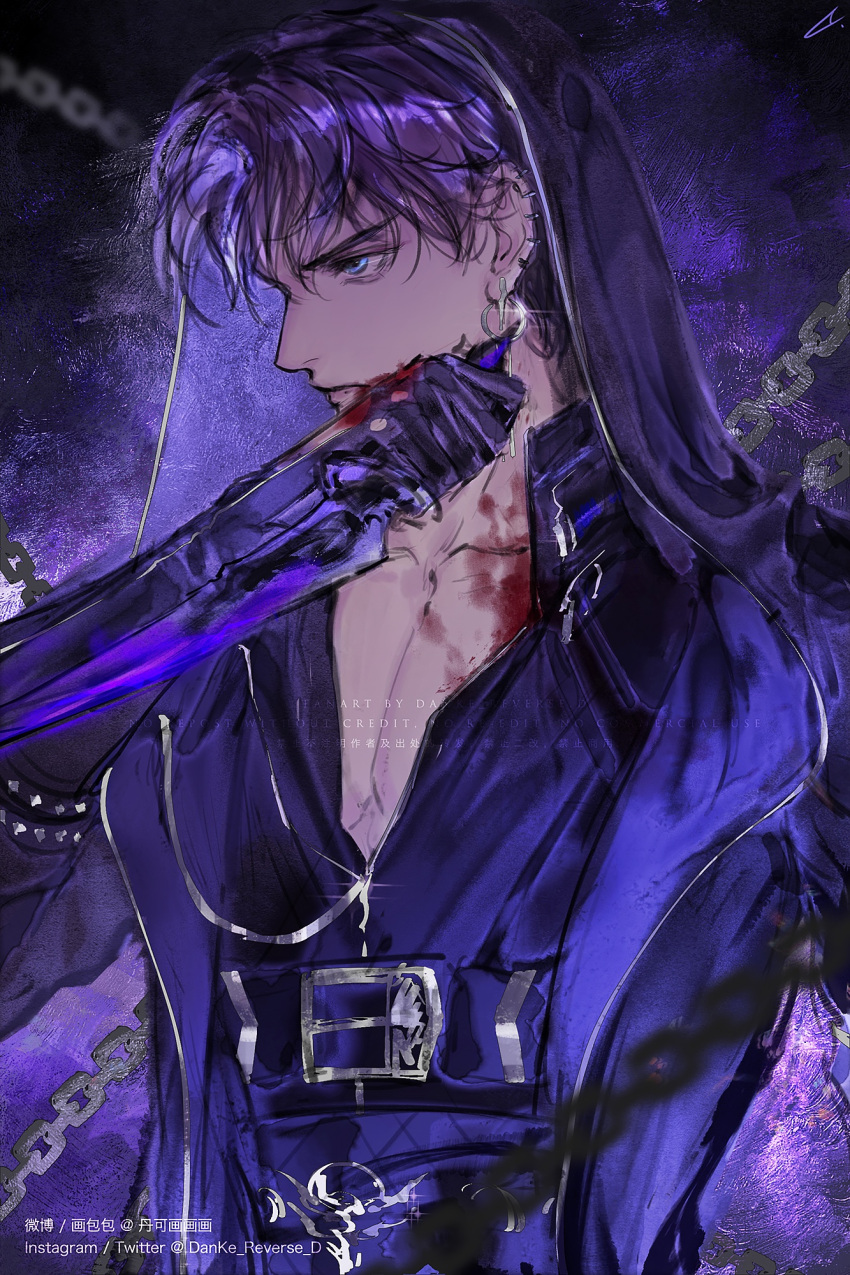 1boy artist_name bishounen black_background blood buckle chain cloak closed_mouth danke_reverse_d ear_piercing earrings fighting_stance from_side high_collar highres holding holding_weapon hood hood_up hooded_cloak jewelry long_sleeves love_and_deepspace male_focus multiple_piercings open_clothes open_shirt piercing purple_background purple_cloak purple_hair rafayel_(love_and_deepspace) silver_trim simple_background solo two-tone_background violet_eyes weapon wiping_blood