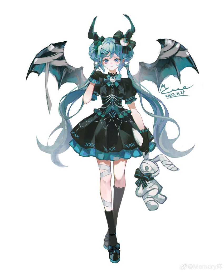 1girl 2023 absurdres alternate_costume aqua_bow aqua_dress arrow_(symbol) bandaged_ear bandaged_wings bat_wings black_dress black_footwear black_horns black_socks blue_hair bow chinese_commentary closed_mouth corset dated diamond_(shape) dress eye_hair_ornament facial_tattoo footwear_bow frilled_dress frills full_body hatsune_miku highres holding holding_stuffed_toy horns kneehighs leg_ribbon long_hair looking_at_viewer mie_haha ribbon signature simple_background socks solo standing stuffed_animal stuffed_rabbit stuffed_toy tachi-e tattoo twintails two-tone_dress vocaloid weibo_logo weibo_username white_background white_ribbon wings x