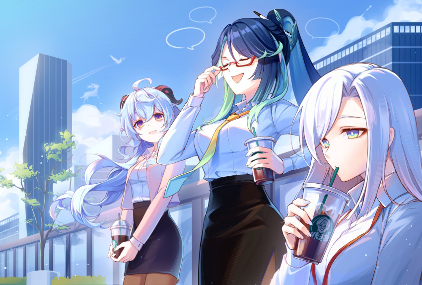 3girls adjusting_eyewear ahoge black_pantyhose black_skirt blue_eyes blue_hair blue_nails bright_pupils closed_eyes coffee_cup collared_shirt cup disposable_cup drinking drinking_straw ganyu_(genshin_impact) genshin_impact glasses green_eyes green_nails highres holding holding_cup horns karen_(navy_42) long_hair multiple_girls neckerchief office_lady pantyhose pencil_skirt red-framed_eyewear semi-rimless_eyewear shenhe_(genshin_impact) shirt shirt_tucked_in side_ponytail skirt smile violet_eyes white_pupils white_shirt xianyun_(genshin_impact) yellow_neckerchief