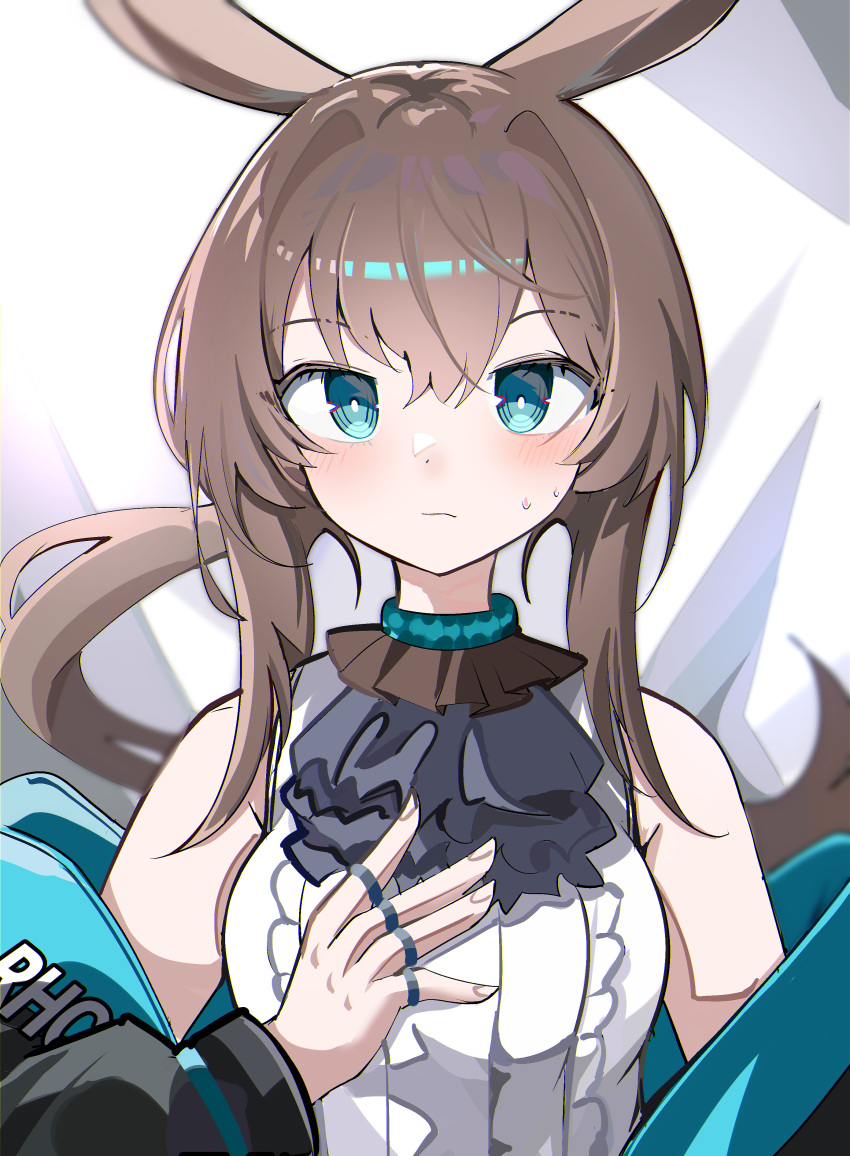 1girl absurdres amiya_(arknights) animal_ears arknights bare_shoulders black_jacket blue_eyes blush breasts brown_hair center_frills closed_mouth floating_hair frills hair_between_eyes hair_intakes hand_up highres jacket jewelry long_hair long_sleeves looking_at_viewer medium_breasts off_shoulder open_clothes open_jacket ponytail puffy_long_sleeves puffy_sleeves rabbit_ears ring shirt sleeveless sleeveless_shirt solo spam_(spamham4506) sweat very_long_hair white_shirt