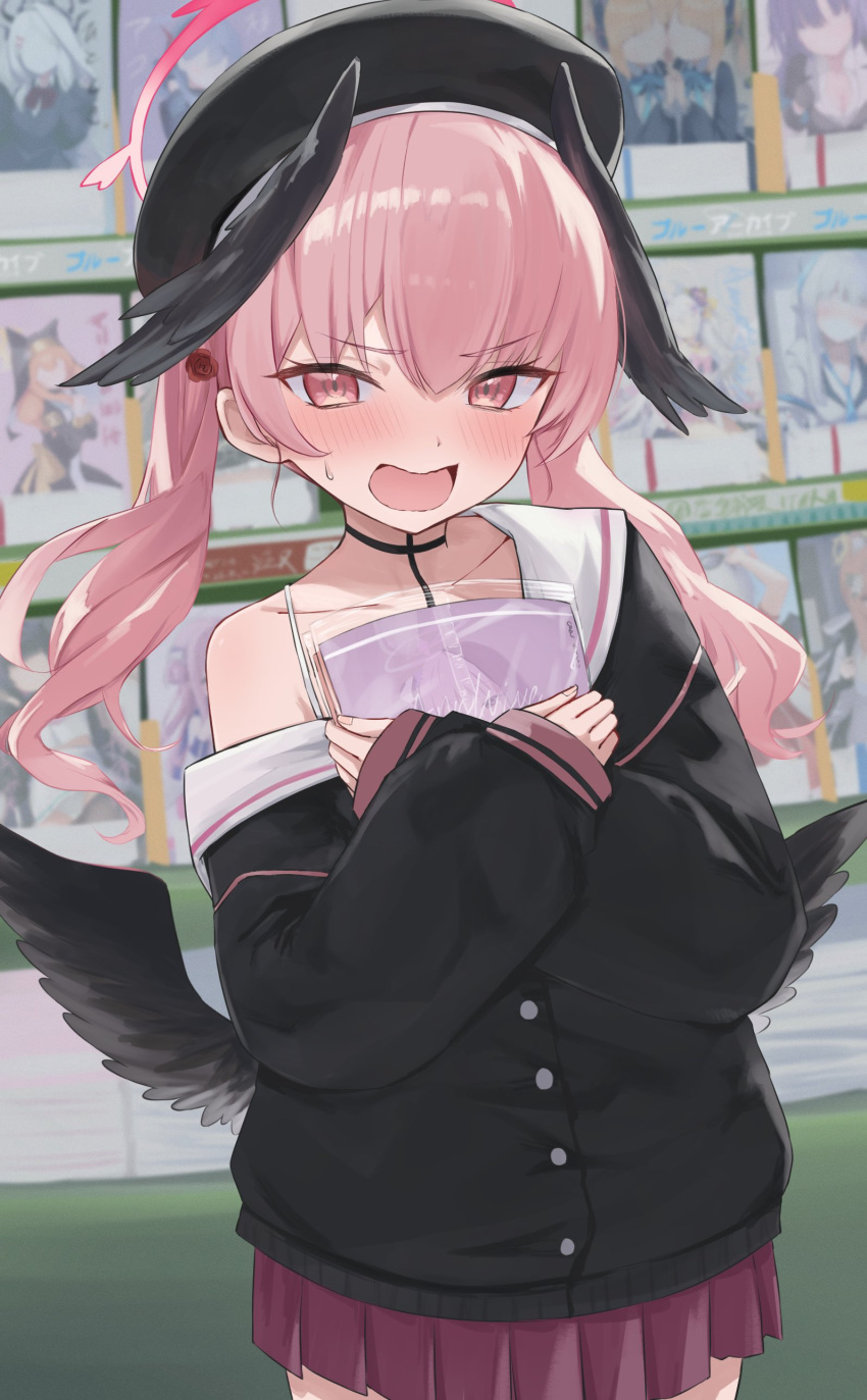 1girl absurdres beret black_headwear black_wings blue_archive blush collarbone feathered_wings halo hat head_wings highres koharu_(blue_archive) long_hair long_sleeves looking_at_viewer low_wings minazuki_(uraha246) open_mouth pink_eyes pink_hair skirt solo twintails wings