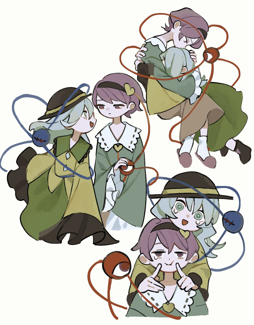 2girls :d black_footwear black_hairband black_headwear blouse blue_shirt boots closed_mouth commentary crying crying_with_eyes_open dee_(tannsumi) fingersmile forced_smile frilled_sleeves frills green_eyes green_hair green_skirt hair_ornament hairband hat head_on_head head_rest heart heart_hair_ornament highres hug komeiji_koishi komeiji_satori long_hair long_sleeves looking_at_another multiple_girls multiple_views mutual_hug open_mouth pink_footwear pink_skirt purple_hair shirt short_hair siblings simple_background sisters skirt slippers smile tears third_eye touhou violet_eyes wide_sleeves yellow_shirt