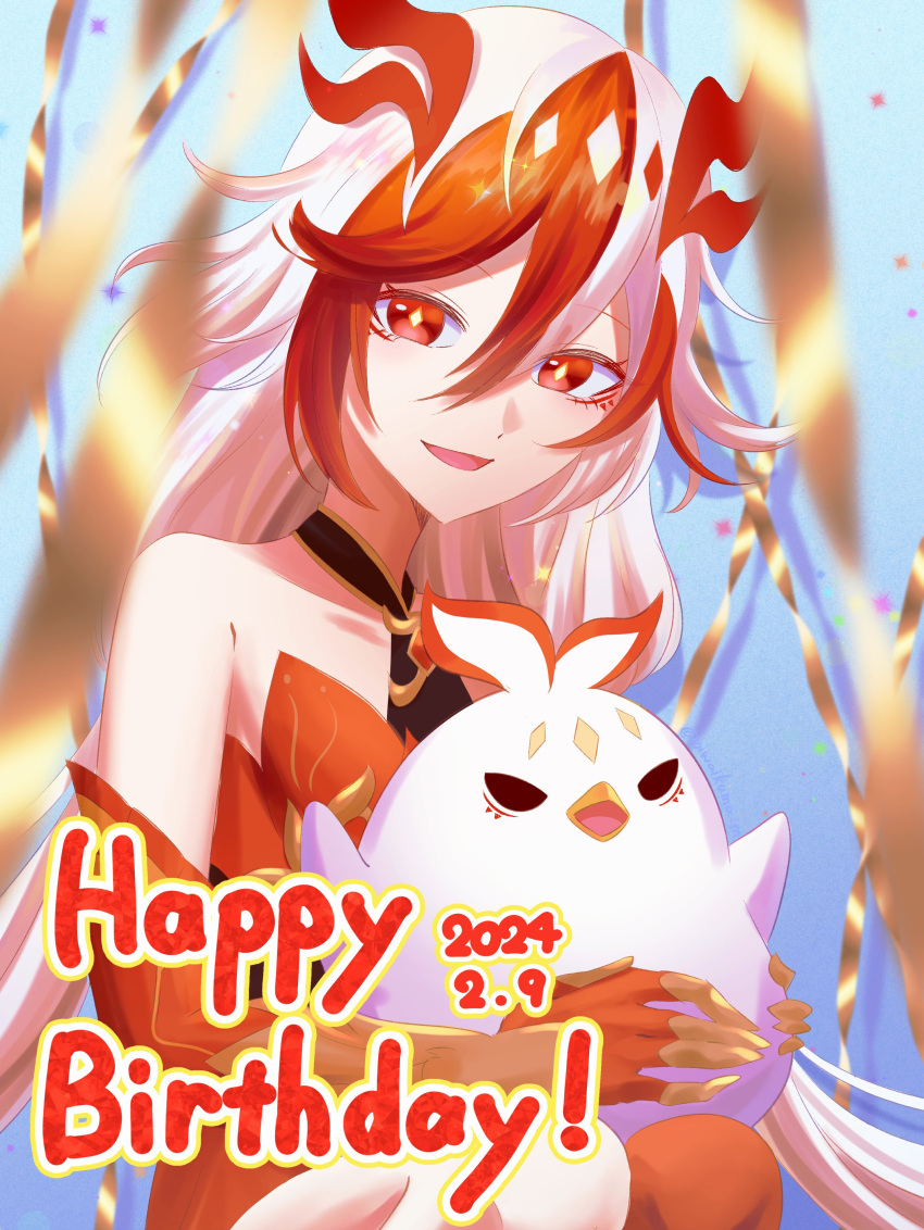 1girl absurdres animal_hands bare_shoulders chinese_clothes claws dated detached_sleeves elbow_gloves eyeliner fu_hua fu_hua_(fenghuang_of_vicissitude) gloves hair_between_eyes happy_birthday highres honkai_(series) honkai_impact_3rd jingwei_(bird) long_hair looking_at_viewer low-tied_long_hair low_twintails makeup multicolored_hair oiwaikuma_m open_mouth red_eyeliner red_eyes red_gloves red_scales red_thighhighs redhead single_thighhigh solo streaked_hair symbol-shaped_pupils thigh-highs twintails two-tone_hair upper_body white_hair yellow_pupils