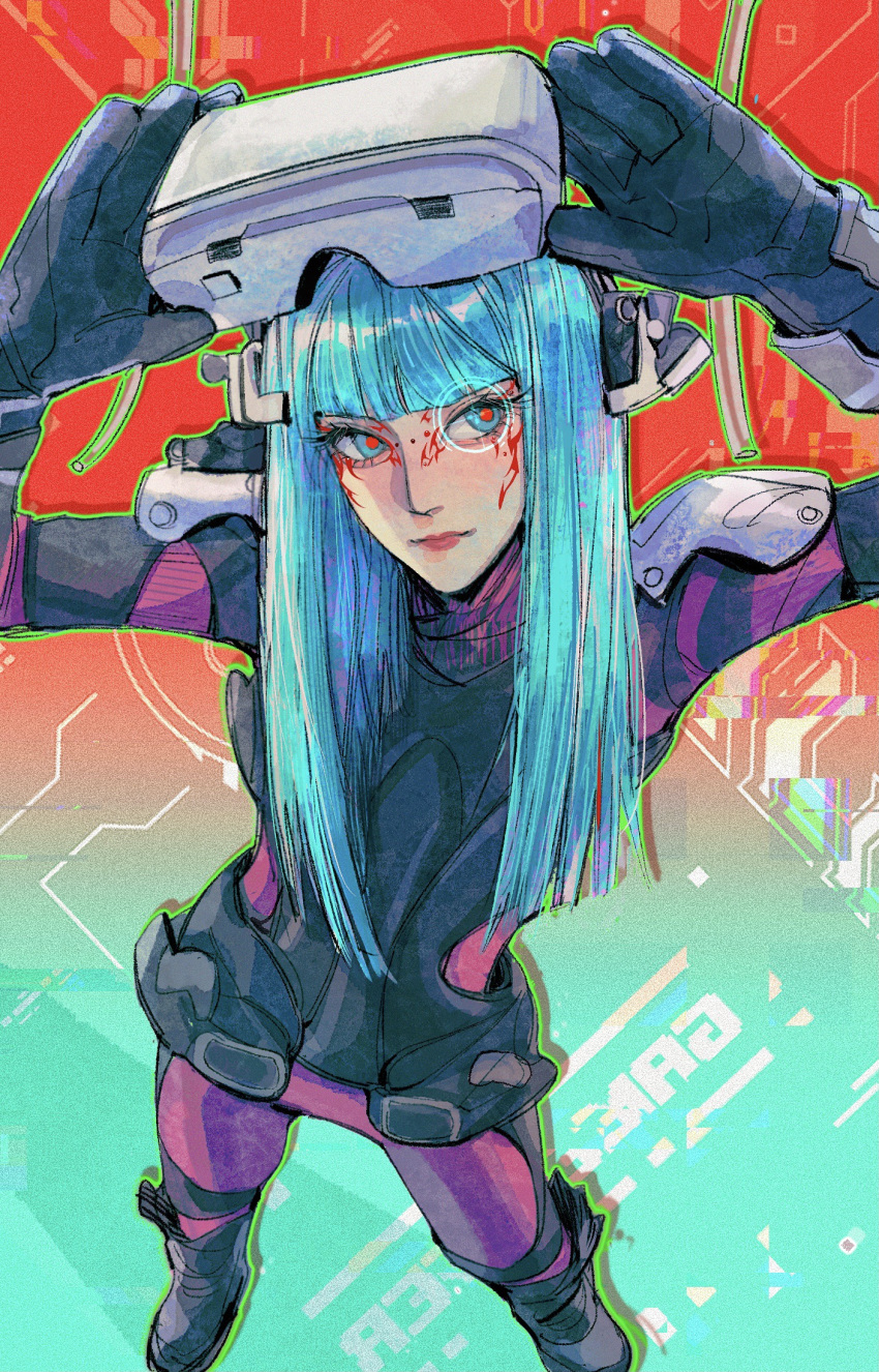 1girl black_gloves black_headwear blue_eyes blue_hair blunt_bangs bodysuit boots chisa_(xg) colored_sclera eyewear_on_head frown full_body glitch gloves head-mounted_display highres long_hair looking_to_the_side purple_bodysuit real_life red_sclera shadow solo xg_(group) youki_(youkiwww)