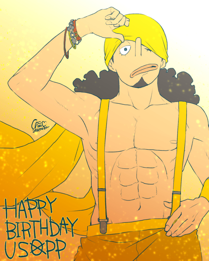 1boy abs arm_up bracelet chaa_(aoichar522_) character_name commentary_request dated facial_hair goatee gradient_background happy_birthday highres jewelry long_nose looking_at_viewer male_focus one_eye_closed one_piece overalls solo upper_body usopp yellow_background