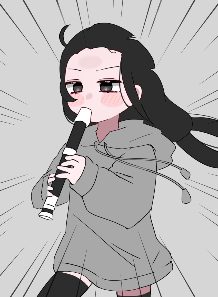 1girl ahoge black_eyes black_hair black_thighhighs blush_stickers flute forehead grey_background grey_hoodie highres holding holding_flute holding_instrument hood hood_down hoodie instrument kyoufuu_all_back_(vocaloid) lag_train_(vocaloid) long_hair low_twintails music osage_(nukunuku_nigirimeshi) playing_instrument pose_imitation recorder riima simple_background solo speed_lines thigh-highs twintails wind