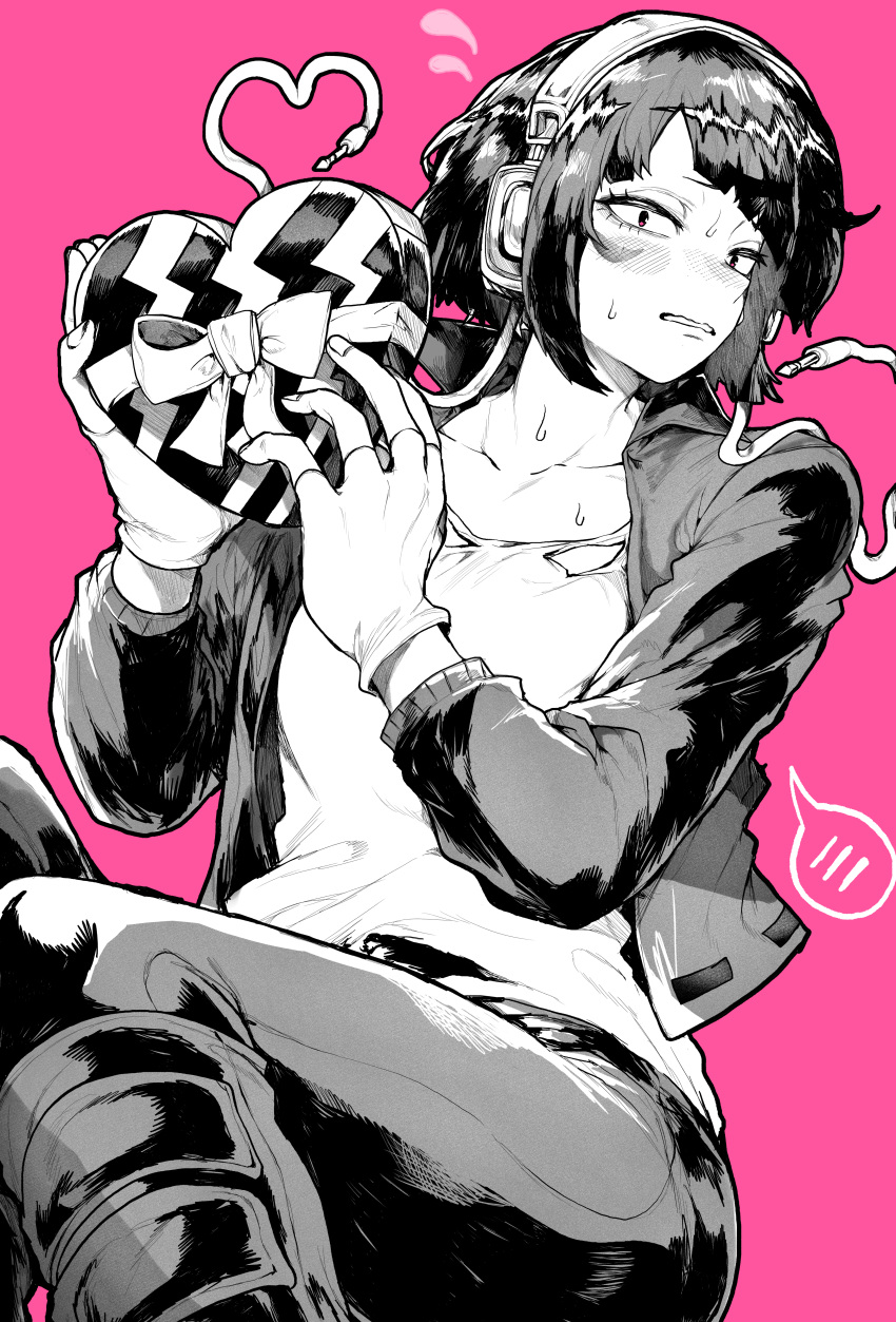 1girl absurdres boku_no_hero_academia box gift gift_box greyscale greyscale_with_colored_background heart-shaped_box highres jacket jirou_kyouka looking_at_viewer monochrome open_clothes open_jacket pants pink_background shirt simple_background solo yotsumi_shiro