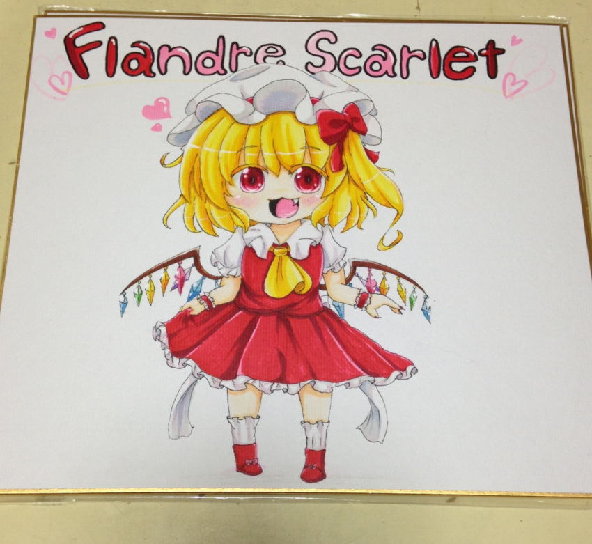 1girl ascot back_bow blonde_hair blush bow character_name collared_shirt crystal fang fingernails flandre_scarlet frilled_skirt frills full_body hat hat_ribbon heart highres large_bow looking_at_viewer medium_hair mob_cap multicolored_wings one_side_up open_mouth photo_(medium) red_eyes red_footwear red_ribbon red_skirt red_vest ribbon ribbon-trimmed_headwear ribbon_trim sacchan_happy sharp_fingernails shikishi shirt simple_background skirt socks solo touhou traditional_media vest white_background white_headwear white_shirt white_socks wings wrist_cuffs yellow_ascot