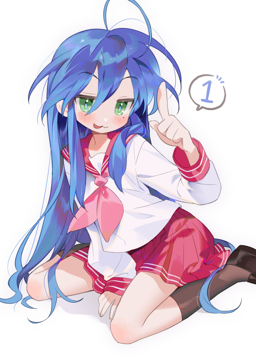 1girl :3 :p absurdres ahoge between_legs black_socks blue_hair blush bright_pupils closed_mouth commentary double-parted_bangs foot_out_of_frame green_eyes hair_between_eyes hair_over_shoulder hair_spread_out hand_between_legs hand_up highres index_finger_raised izumi_konata jitome kneehighs long_hair long_sleeves looking_at_viewer lucky_star miniskirt mole mole_under_eye neckerchief pink_neckerchief pleated_skirt red_skirt school_uniform seoji serafuku shirt sidelocks simple_background sitting skirt smile socks solo speech_bubble tongue tongue_out very_long_hair wariza white_background white_shirt