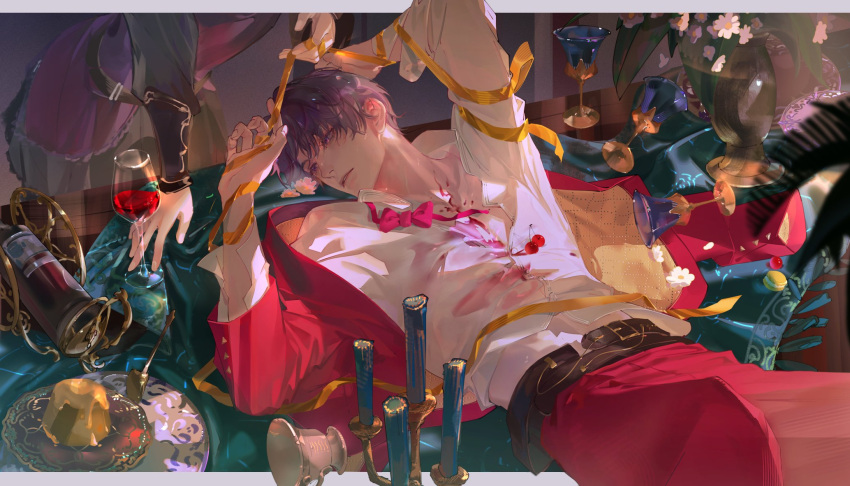1boy 1other belt bishounen border bow bowtie candle candlestand cup drinking_glass flower food formal head_tilt highres indoors jacket lanfsir_(artist) leaf long_sleeves love_and_deepspace lying macaron male_focus on_back on_table pants party plate purple_hair rafayel_(love_and_deepspace) red_jacket red_pants shirt short_hair solo_focus stain suit table vase white_border white_shirt wine_glass