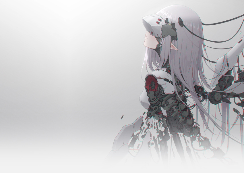 1girl android cable dolls_nest expressionless from_side grey_hair head-mounted_display highres long_hair mechanical_parts mechanical_wings official_art oota_youjo parted_lips pointy_ears robot_girl science_fiction solo upper_body wings