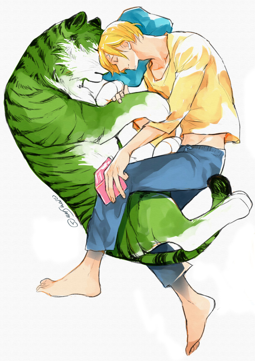 2boys absurdres animalization artist_name barefoot blue_pants book closed_eyes collarbone commentary cuddling curled_up curly_eyebrows english_commentary facial_hair full_body green_fur hand_on_another's_arm highres light_smile long_bangs male_focus multiple_boys one_piece pants pillow roronoa_zoro sanji_(one_piece) shirt short_hair short_sleeves simple_background sleeping stubble sweatpants t-shirt tiger white_background yellow_shirt yuu_shishio