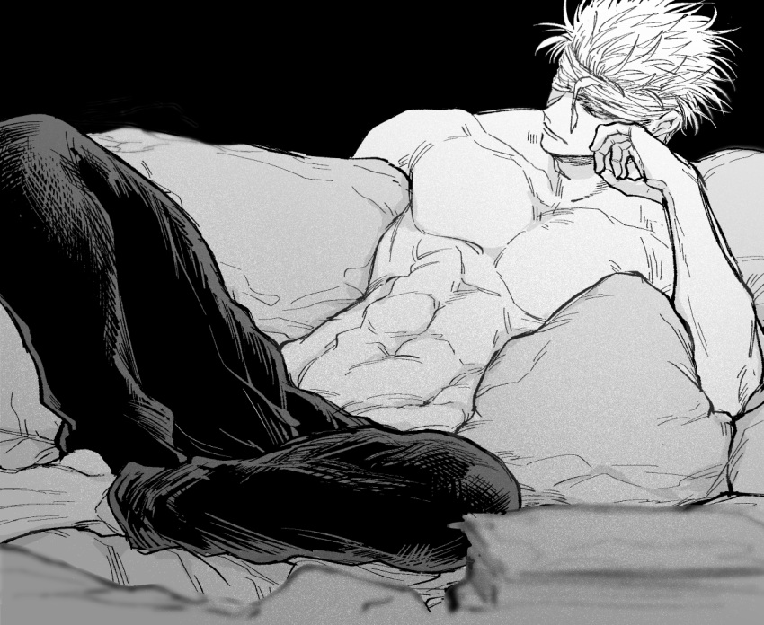 1boy abs bandages barefoot blindfold full_body gojou_satoru greyscale head_rest jujutsu_kaisen male_focus monochrome muscular muscular_male nay_bb pants pectorals pillow short_hair sitting solo topless_male
