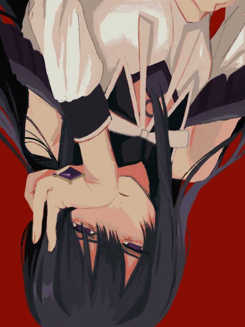 1girl akemi_homura bags_under_eyes bare_shoulders black_hair clothing_cutout commentary crystal empty_eyes half-closed_eyes hand_on_own_cheek hand_on_own_face highres long_hair long_sleeves looking_at_viewer mahou_shoujo_madoka_magica mahou_shoujo_madoka_magica:_walpurgis_no_kaiten neck_ribbon nou_325 parted_lips red_background ribbon shirt shoulder_cutout simple_background sleeve_cuffs solo soul_gem upper_body upside-down violet_eyes white_ribbon white_shirt