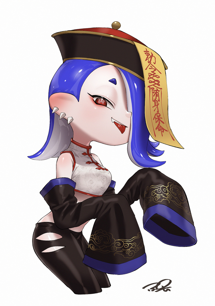1girl absurdres black_pants black_sleeves blue_hair blue_trim cephalopod_eyes commentary crop_top cropped_legs detached_sleeves hair_over_one_eye hat highres medium_hair ofuda pants puchiman qingdai_guanmao red_eyes red_trim shiver_(splatoon) signature simple_background sleeves_past_fingers sleeves_past_wrists solo splatoon_(series) splatoon_3 standing teeth tentacle_hair tongue tongue_out tooth_earrings torn_clothes torn_pants white_background wide_sleeves