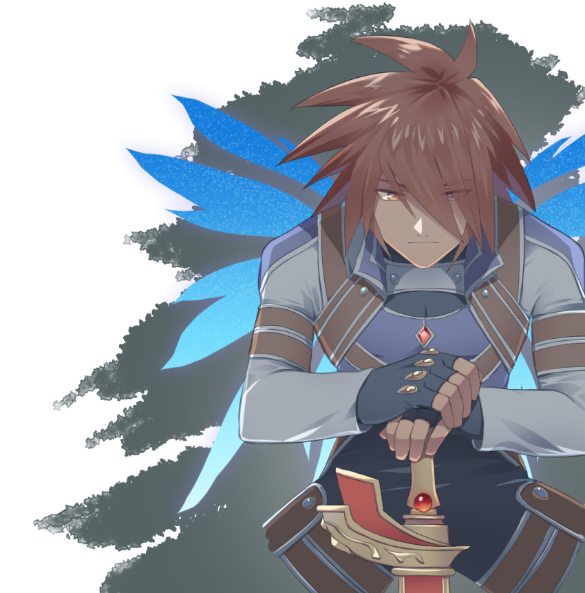 belt black_gloves brown_eyes brown_hair closed_mouth fingerless_gloves gloves glowing glowing_wings high_collar holding holding_sword holding_weapon kratos_aurion long_hair male_focus mi_be35_(mirin) multiple_wings official_alternate_costume spiky_hair sword tales_of_(series) tales_of_symphonia weapon wings