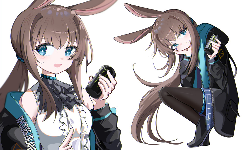 1girl absurdres amiya_(arknights) animal_ears arknights bare_shoulders black_footwear black_jacket black_pantyhose blue_eyes blue_skirt breasts brown_hair can center_frills closed_mouth energy_drink frills hair_between_eyes hair_intakes highres holding holding_can hood hood_down hooded_jacket jacket long_hair long_sleeves low_ponytail monster_energy multiple_views open_clothes open_jacket pantyhose ponytail puffy_long_sleeves puffy_sleeves rabbit_ears shirt shoes simple_background skirt sleeveless sleeveless_shirt small_breasts smile spam_(spamham4506) very_long_hair white_background white_shirt