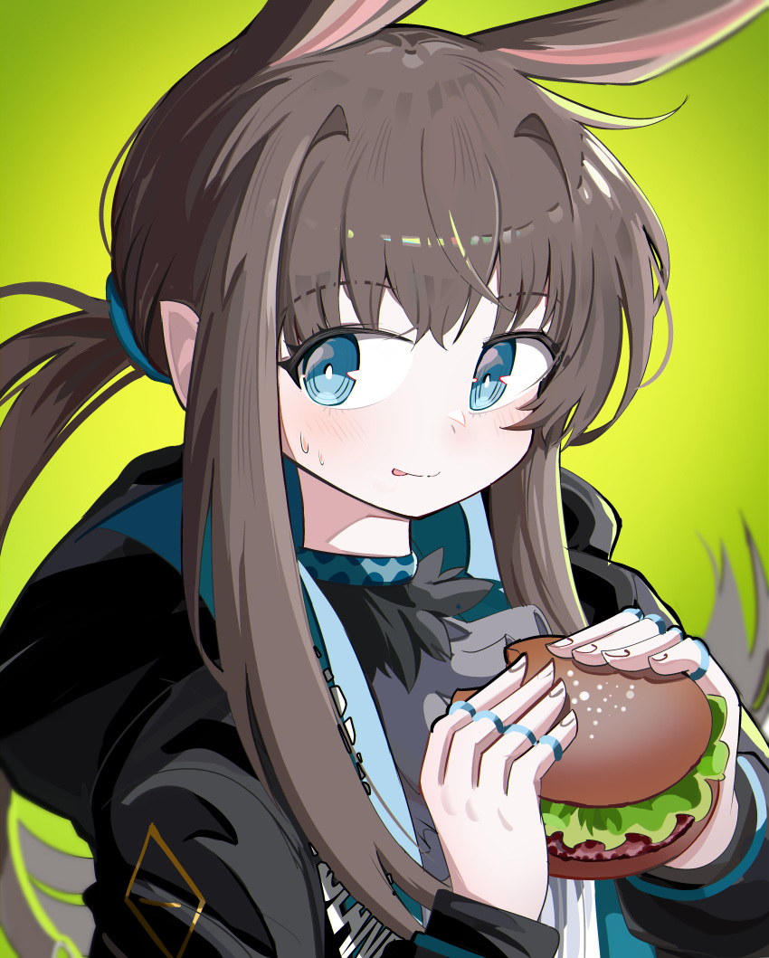 1girl absurdres amiya_(arknights) animal_ears arknights black_jacket blue_eyes blush brown_hair burger closed_mouth floating_hair food hands_up highres holding holding_food hood hood_down hooded_jacket jacket jewelry licking_lips long_hair long_sleeves open_clothes open_jacket ponytail puffy_long_sleeves puffy_sleeves rabbit_ears ring shirt smile solo spam_(spamham4506) sweat tongue tongue_out upper_body very_long_hair white_shirt