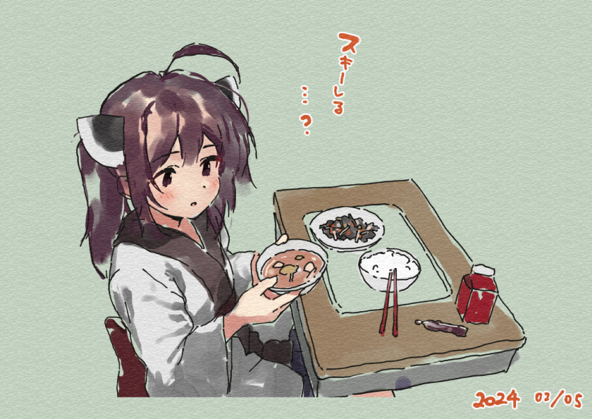 ...? 1girl :o ahoge blush bowl brown_eyes brown_hair chopsticks commentary_request dated food food_request green_background headgear japanese_clothes kimono lamb_(hitsujiniku) long_sleeves parted_lips plate rice rice_bowl simple_background solo table touhoku_kiritan translation_request twintails voiceroid white_kimono wide_sleeves