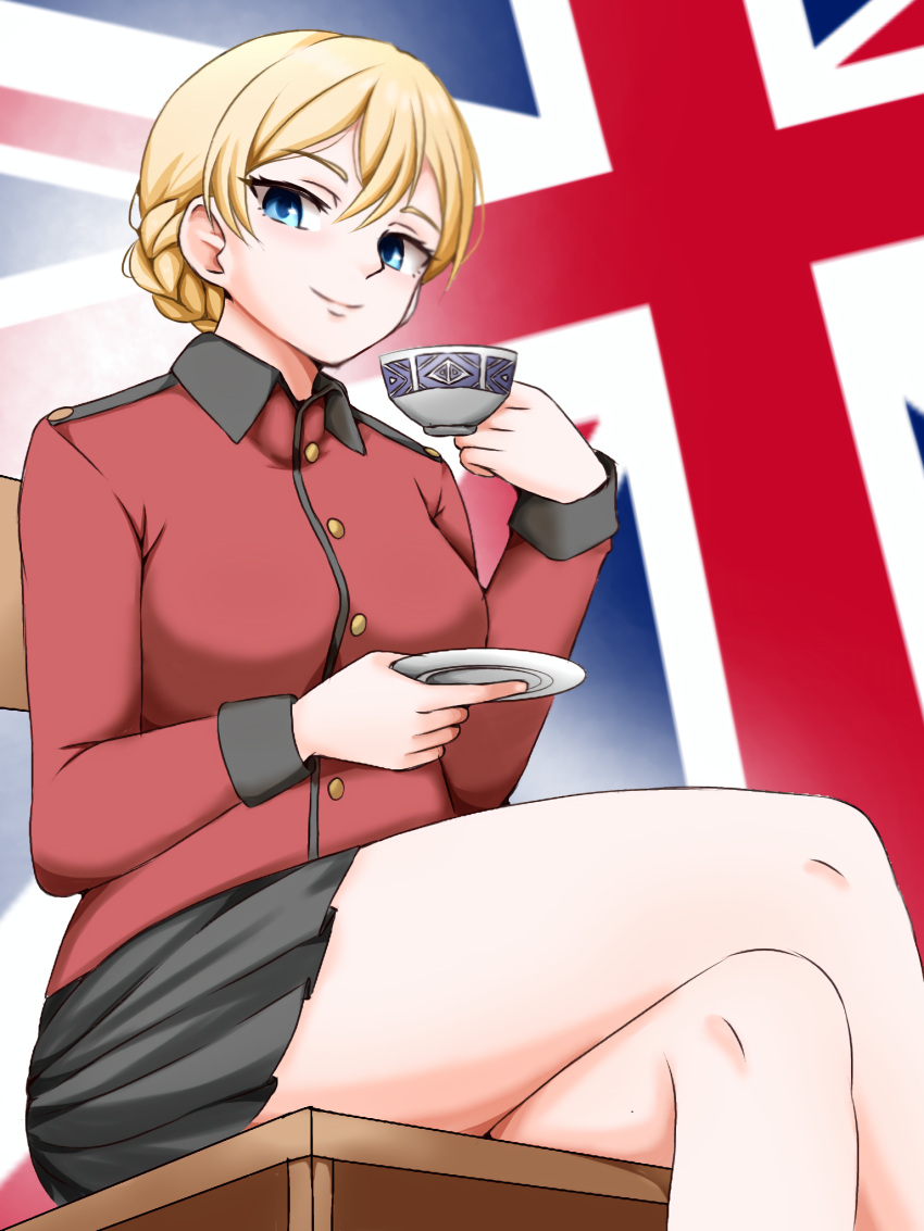 1girl black_skirt blonde_hair blue_eyes braid closed_mouth commentary crossed_legs cup darjeeling_(girls_und_panzer) english_commentary flag_background girls_und_panzer gomi_ningen_(81848656) highres holding holding_cup holding_saucer jacket long_sleeves looking_at_viewer military_uniform miniskirt on_chair pleated_skirt red_jacket saucer short_hair skirt smile solo st._gloriana's_military_uniform teacup uniform union_jack wooden_chair