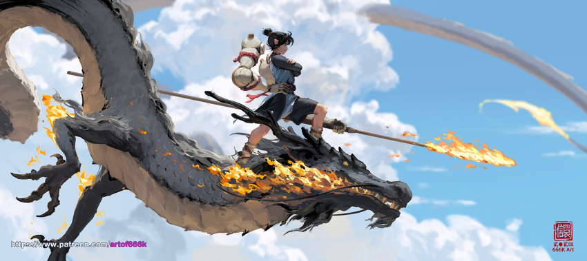 1boy black_shorts chinese_commentary chinese_new_year chinese_zodiac clouds commentary crossed_arms dragon eastern_dragon english_commentary fire flying from_side gourd hair_bun highres holding holding_polearm holding_weapon kan_liu_(666k) long_sleeves mechanical_arms medium_hair mixed-language_commentary original patreon_username pointy_ears polearm profile seal_impression shorts sidelocks signature sky smile solo weapon wind year_of_the_dragon
