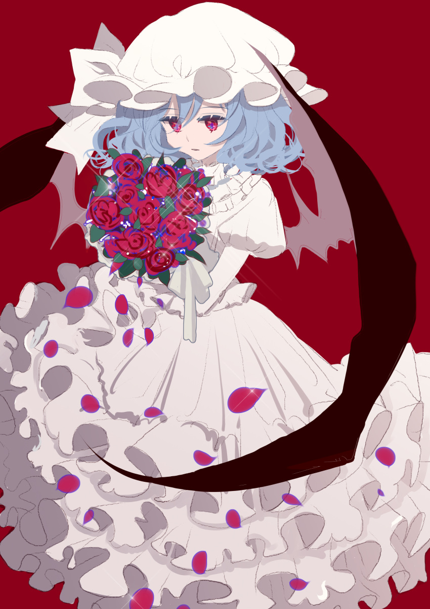 1girl absurdres bat_wings blue_hair bouquet collared_shirt flower frilled_shirt_collar frilled_skirt frills hat highres holding holding_bouquet leaf looking_at_flowers medium_hair mob_cap open_mouth petals puffy_short_sleeves puffy_sleeves red_background red_eyes red_flower red_petals red_rose remilia_scarlet rose rose_petals shirt shocho_(shaojiujiu) short_sleeves simple_background skirt solo touhou white_headwear white_shirt white_skirt wings