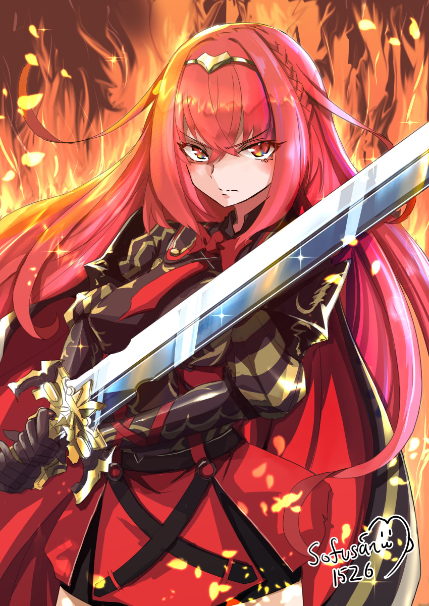 1girl absurdres alear_(female)_(fire_emblem) alear_(fire_emblem) armor artist_name black_cape cape closed_mouth commentary_request crossed_bangs fiery_background fire fire_emblem fire_emblem_engage hair_between_eyes highres holding holding_sword holding_weapon long_hair red_cape red_eyes redhead sofusan1526 solo sparkle sword tiara twitter_username two-sided_cape two-sided_fabric two-tone_cape v-shaped_eyebrows weapon