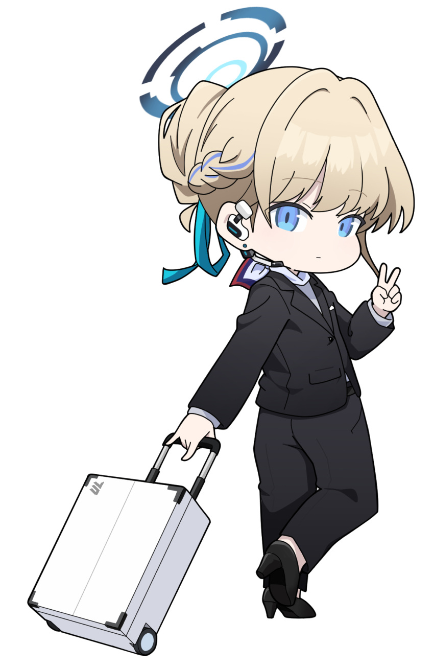 1girl bag black_footwear black_pants blonde_hair blue_archive blue_eyes blue_hair blue_halo braid buttons closed_mouth full_body halo high_heels highres long_sleeves looking_at_viewer multicolored_hair nyaru_(nyaru_4126) pants short_hair simple_background solo streaked_hair suit toki_(blue_archive) v white_background