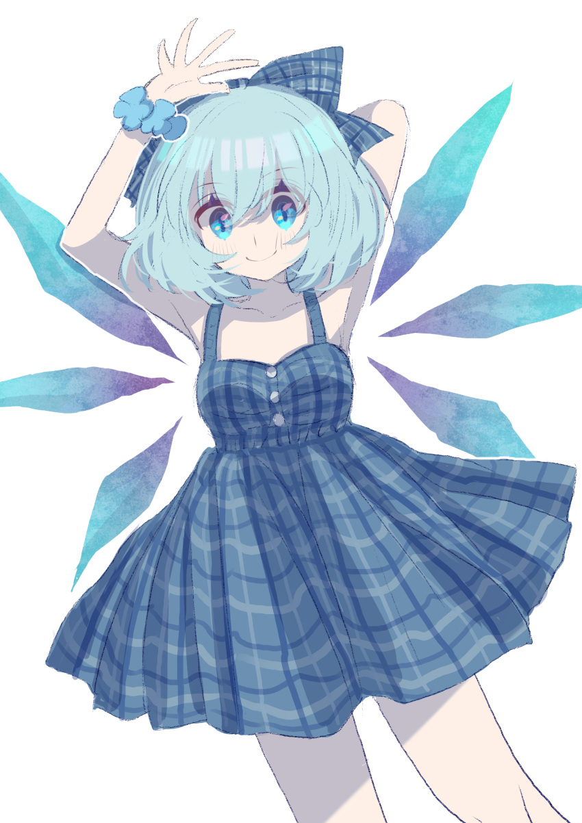 1girl absurdres alternate_costume arm_behind_head armpits arms_up blue_bow blue_dress blue_eyes blue_hair bow cirno closed_mouth dress hair_bow highres ice ice_wings looking_at_viewer one-hour_drawing_challenge plaid plaid_bow plaid_dress shocho_(shaojiujiu) short_hair simple_background sleeveless sleeveless_dress smile solo standing sundress touhou white_background wings
