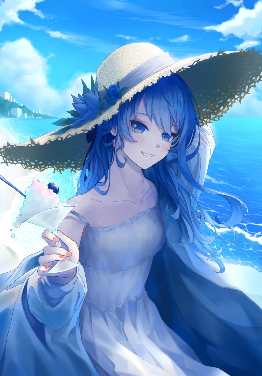 1girl absurdres bare_shoulders beach blue_eyes blue_hair blue_sky building clouds cloudy_sky collarbone cup dress earrings food glass hat highres holding holding_cup holding_food hololive hoshimachi_suisei jewelry long_hair looking_at_viewer mitt280204 mountain outdoors sand shaved_ice sky smile solo strap_slip straw_hat sun_hat sun_hat_ornament sundress virtual_youtuber water waves white_dress