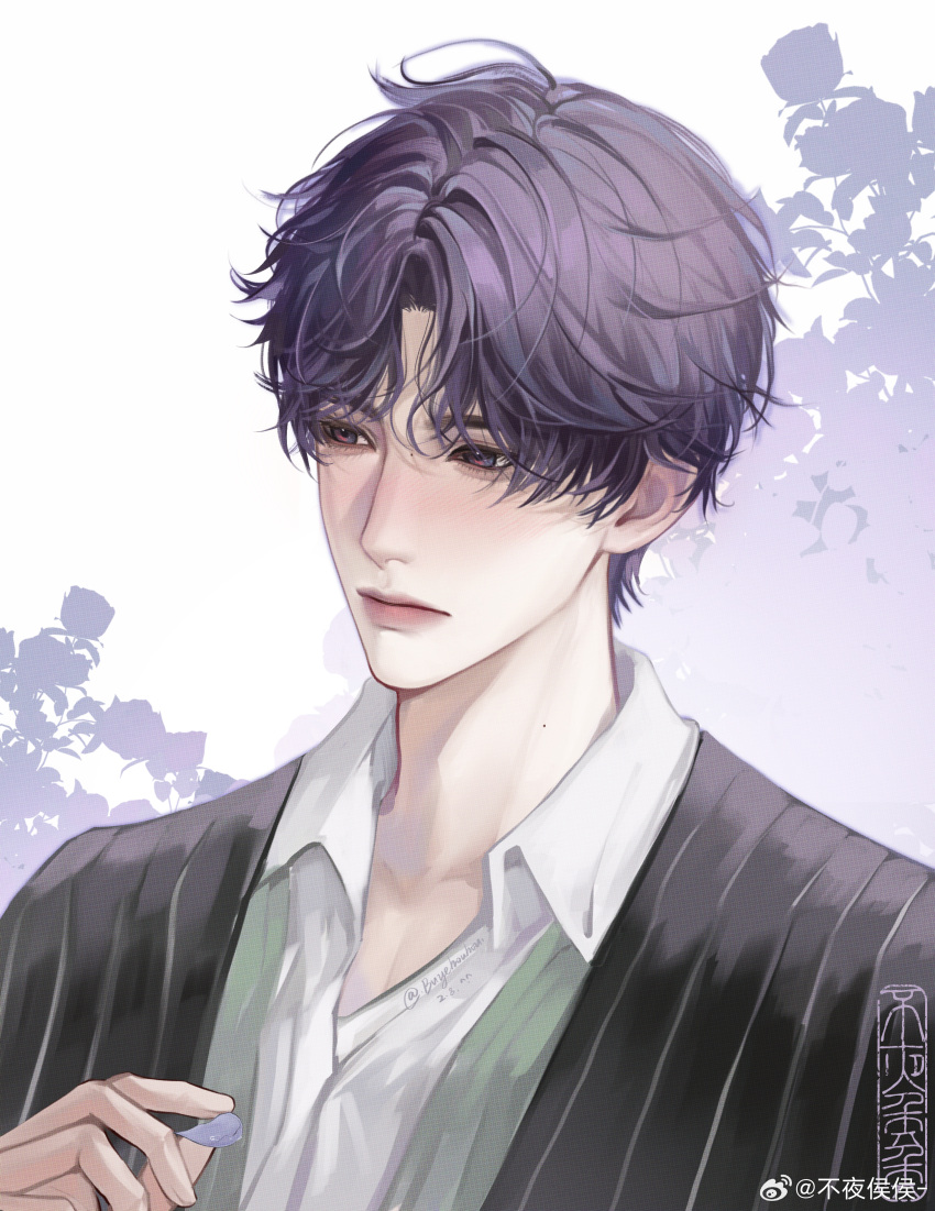 1boy absurdres bishounen black_jacket blush buyehouhou closed_mouth ear_blush floral_background from_side highres holding holding_petal jacket long_sleeves love_and_deepspace male_focus mole mole_on_neck mole_on_nose petals pink_eyes purple_background purple_hair rafayel_(love_and_deepspace) shirt short_hair simple_background solo two-tone_background two-tone_eyes violet_eyes watermark white_background white_shirt