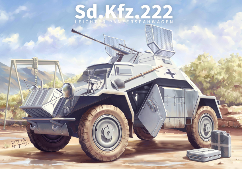 absurdres bush clouds day gas_can highres leichter_panzerspahwagen military military_vehicle motor_vehicle mountain no_humans original outdoors spacebar_hobby tank vehicle_focus