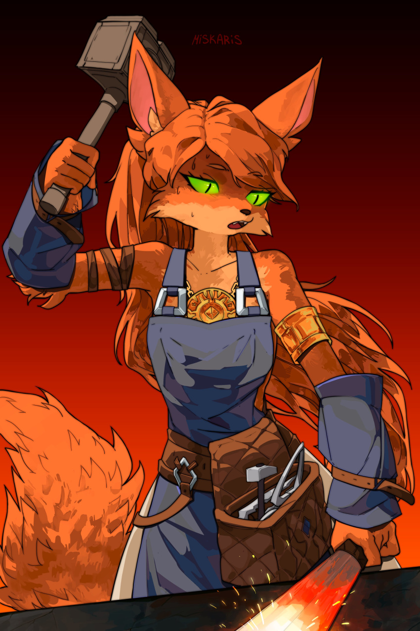 1girl absurdres amulet animal_ear_fluff animal_ears animal_nose anvil armlet asterigos:_curse_of_the_stars blacksmith body_fur colored_sclera detached_sleeves fox_ears fox_girl fox_tail furry furry_female glowing green_sclera hammer highres holding holding_hammer miskaris orange_fur slit_pupils snout solo tail tool_belt vulcane_(asterigos)