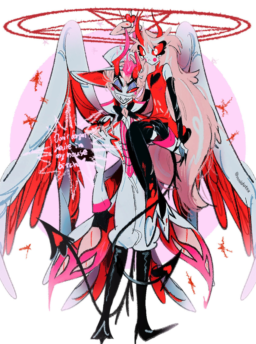 1boy 1girl :&lt; blonde_hair boots carrying carrying_person charlie_morningstar circle_facial_mark colored_sclera colored_skin demon_boy demon_girl demon_horns demon_tail demon_wings dress evil_smile father_and_daughter fingernails hazbin_hotel high_heel_boots high_heels highres horns knee_boots long_hair looking_at_viewer lucifer_(hazbin_hotel) multiple_wings nme_(nmedotxx) red_horns red_sclera sharp_fingernails sharp_teeth simple_background smile tail teeth thigh-highs tuxedo very_long_hair white_skin wings yellow_eyes
